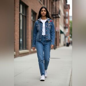 Ripzone Girls  Denim Jacket with Gray Hood EUC Embroided Sequin Removable Hood